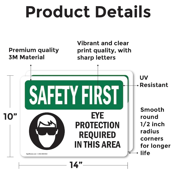 Eye Protection Required In This Area With Symbol OSHA Safety First Sign,Vinyl Decal,14in X10in, 2PK